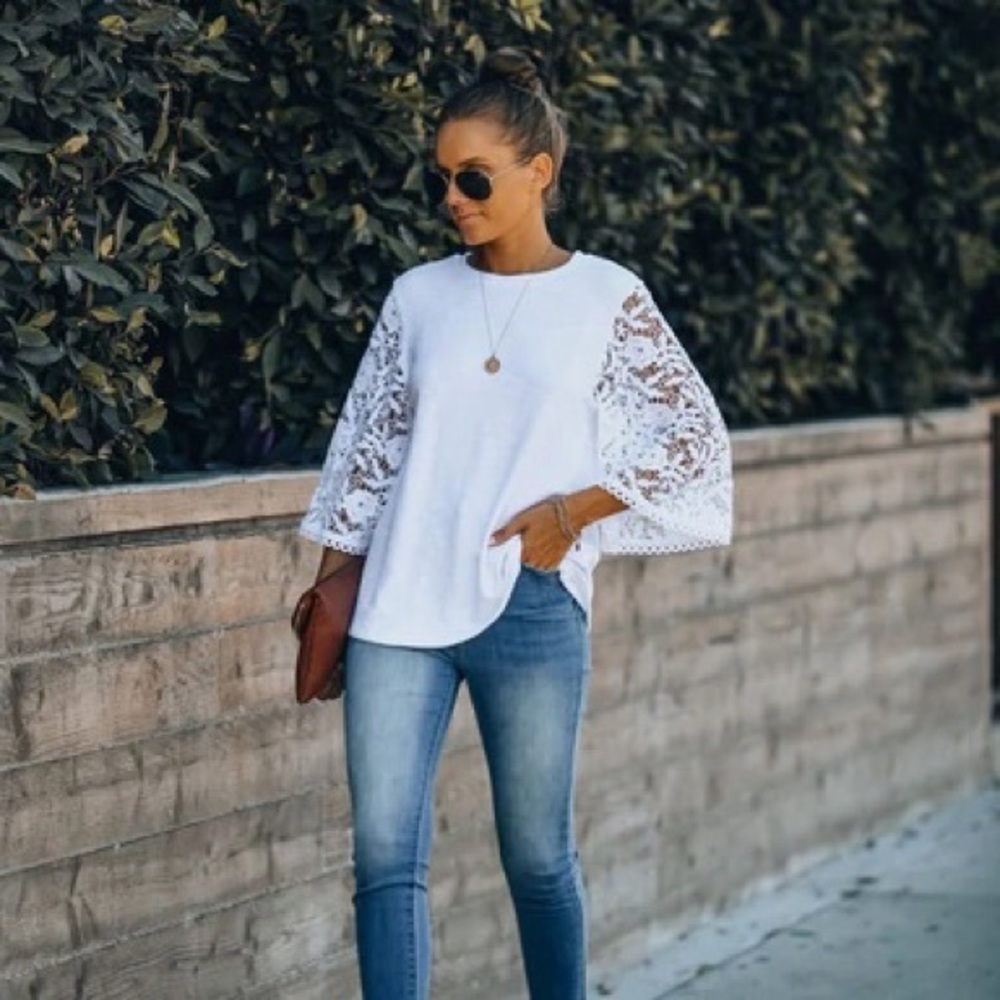 Vici Let It Go Crochet Bell Sleeve Knit Top - Off White